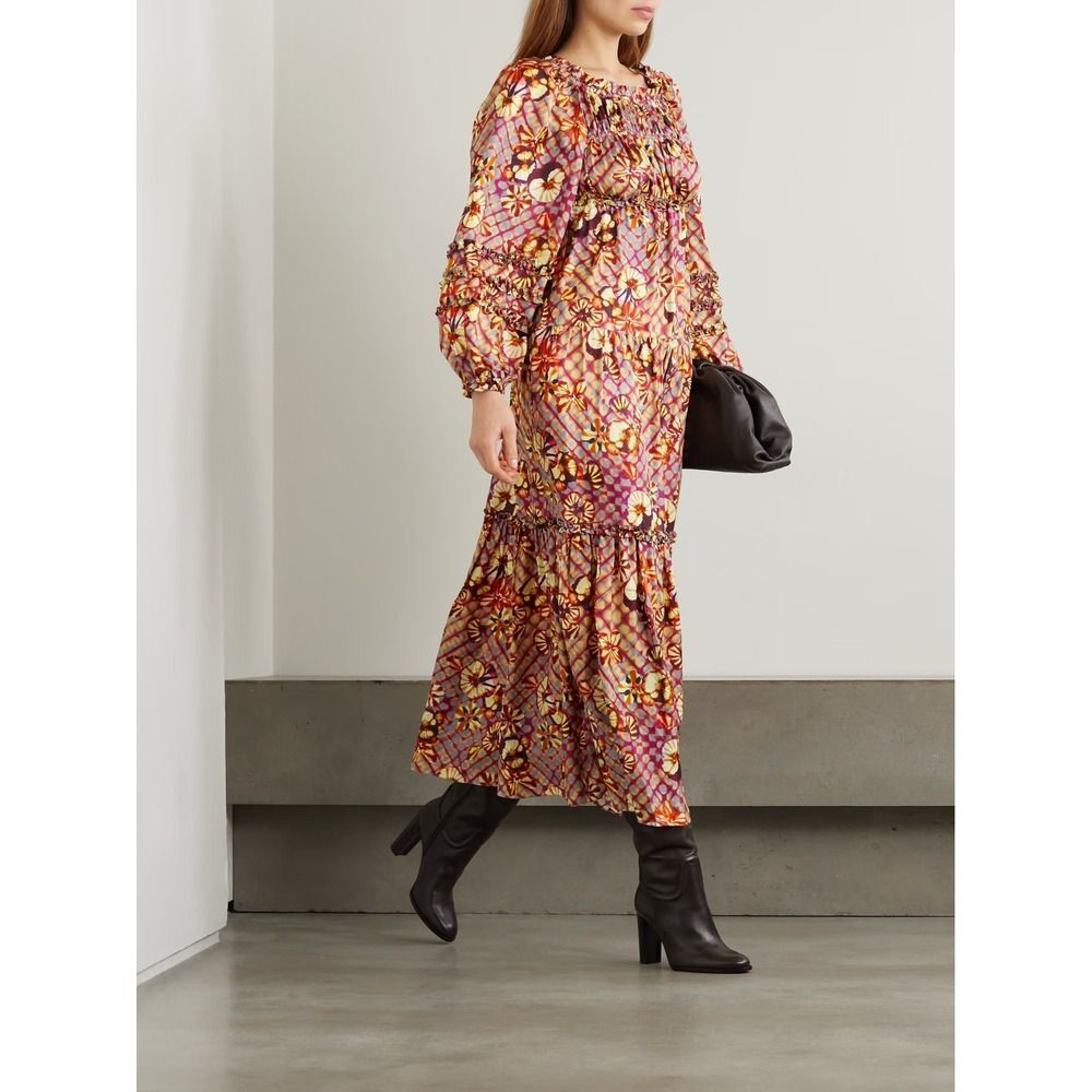 Ulla Johnson Anastasia Silk Midi Dress Womens 6 Multicolor Lace Up Boho Romantic